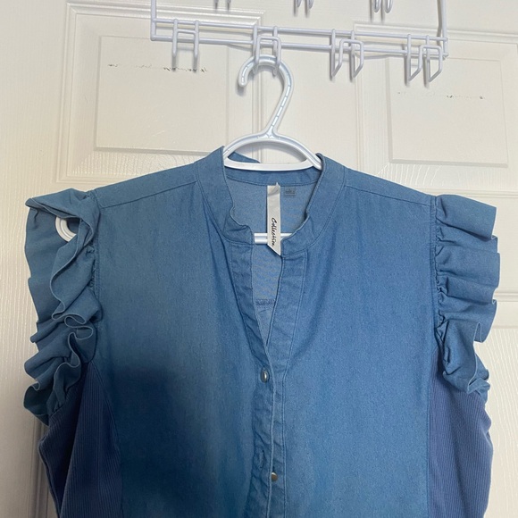 Collection B Denim-Blue Ruffle Cap Sleeve Button Front Top - Picture 5 of 5